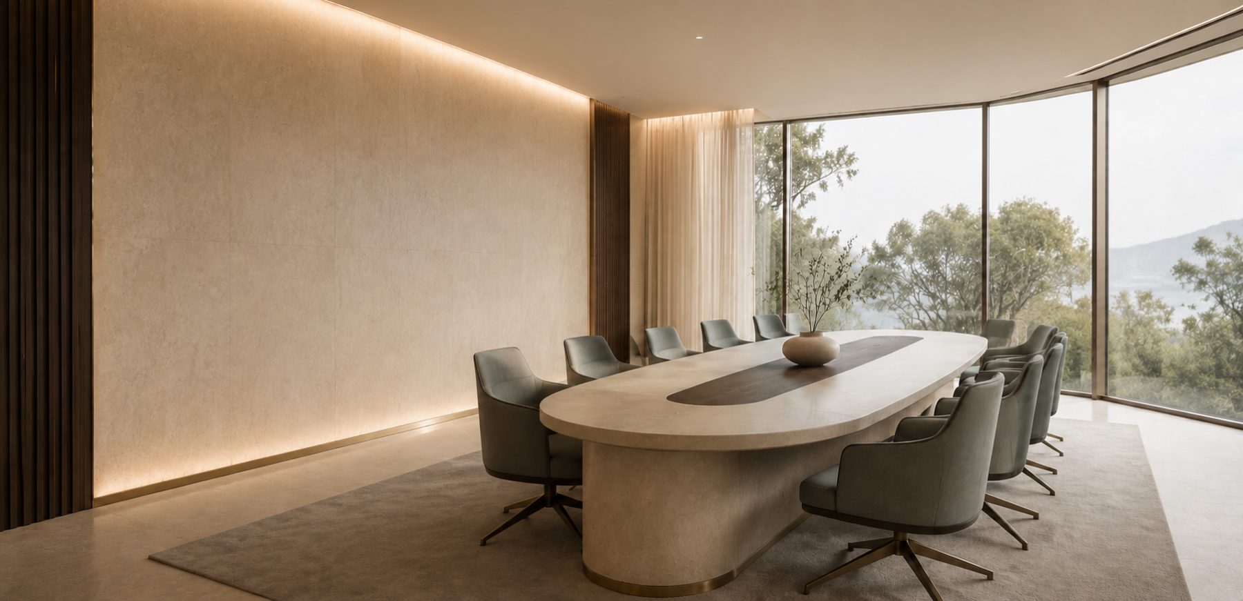 A boardroom table in morning light