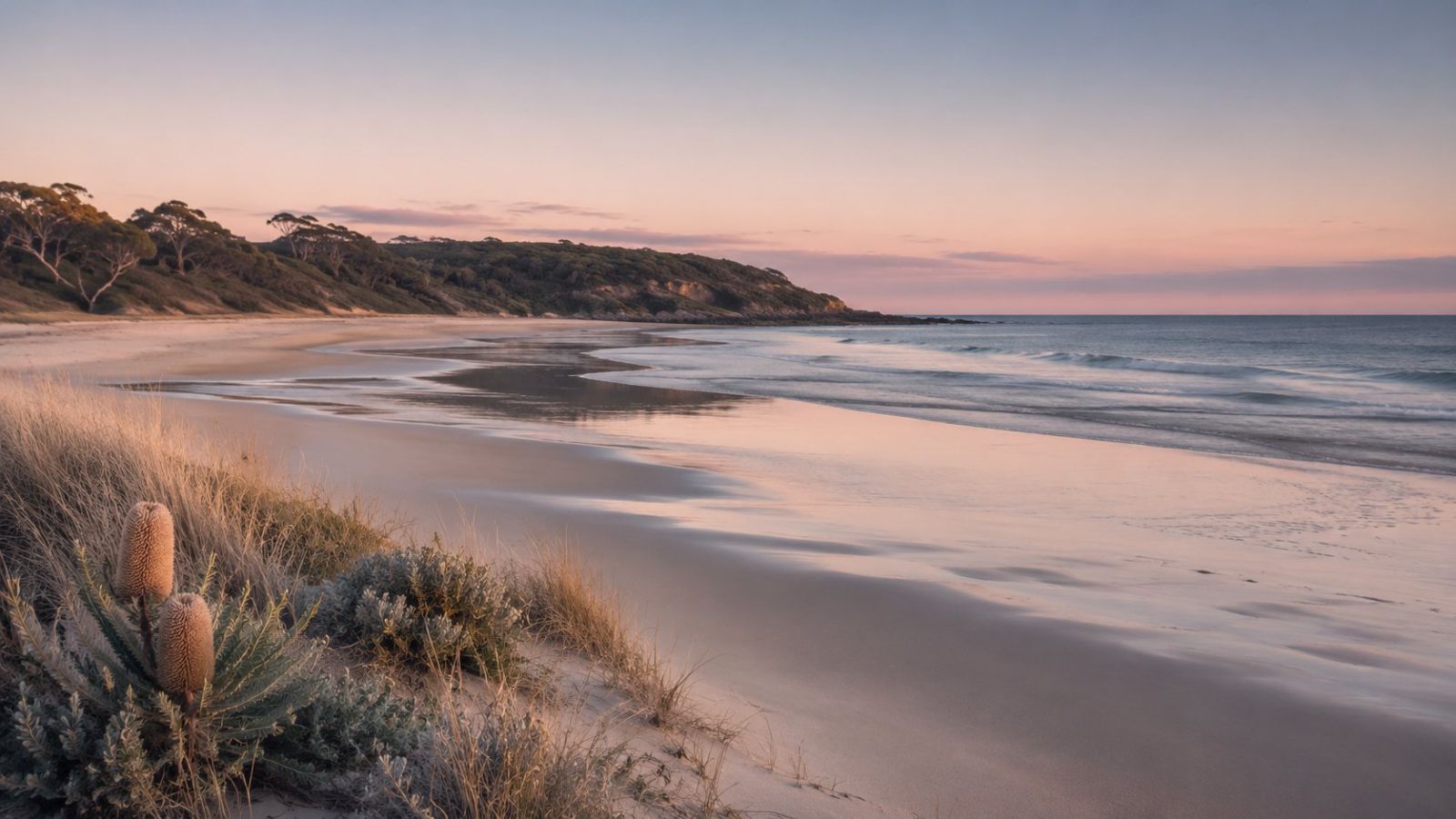 Quiet coastline at dusk, banksia and dune grass in the foreground