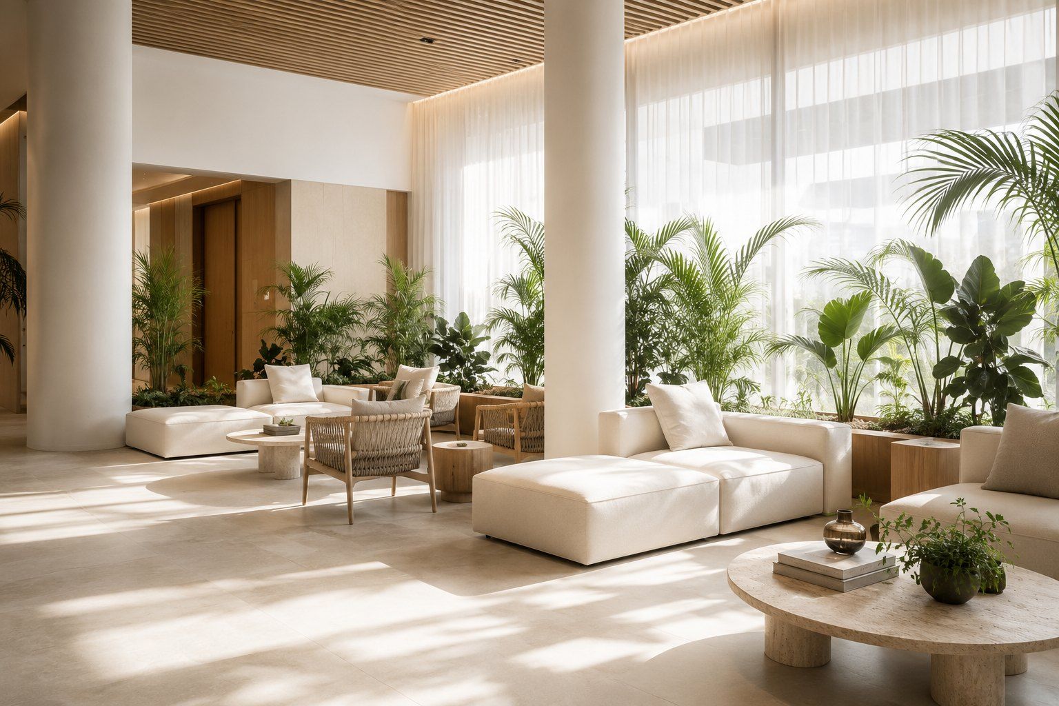 Light-filled lounge with planting and tall sheer-curtained windows