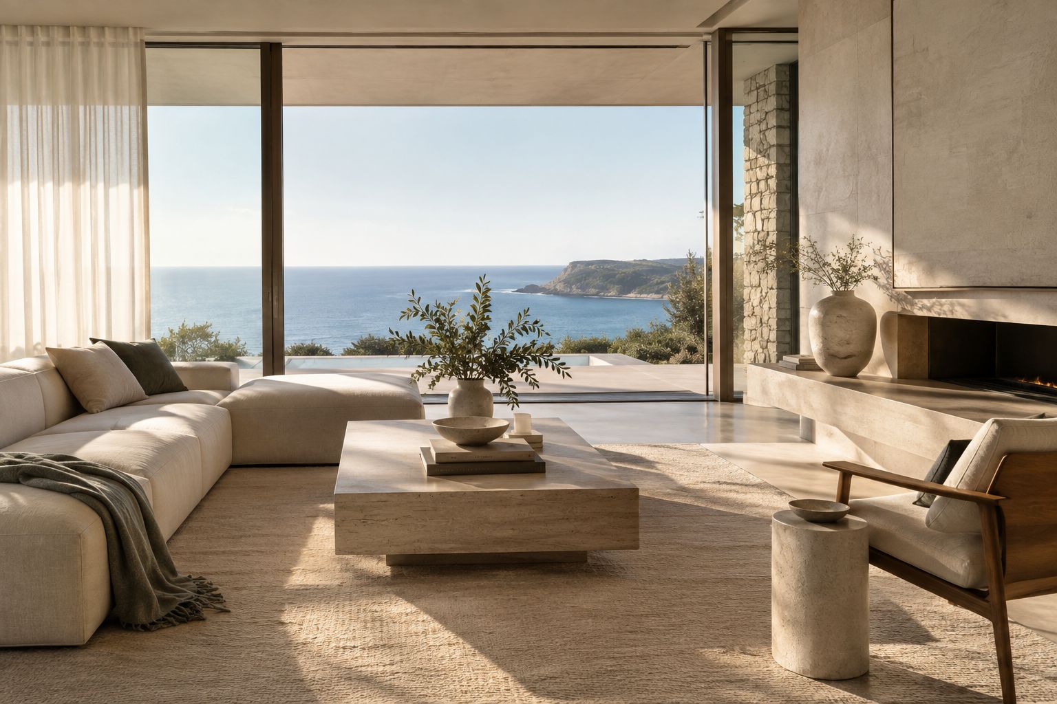 A quiet living room opening onto the coast