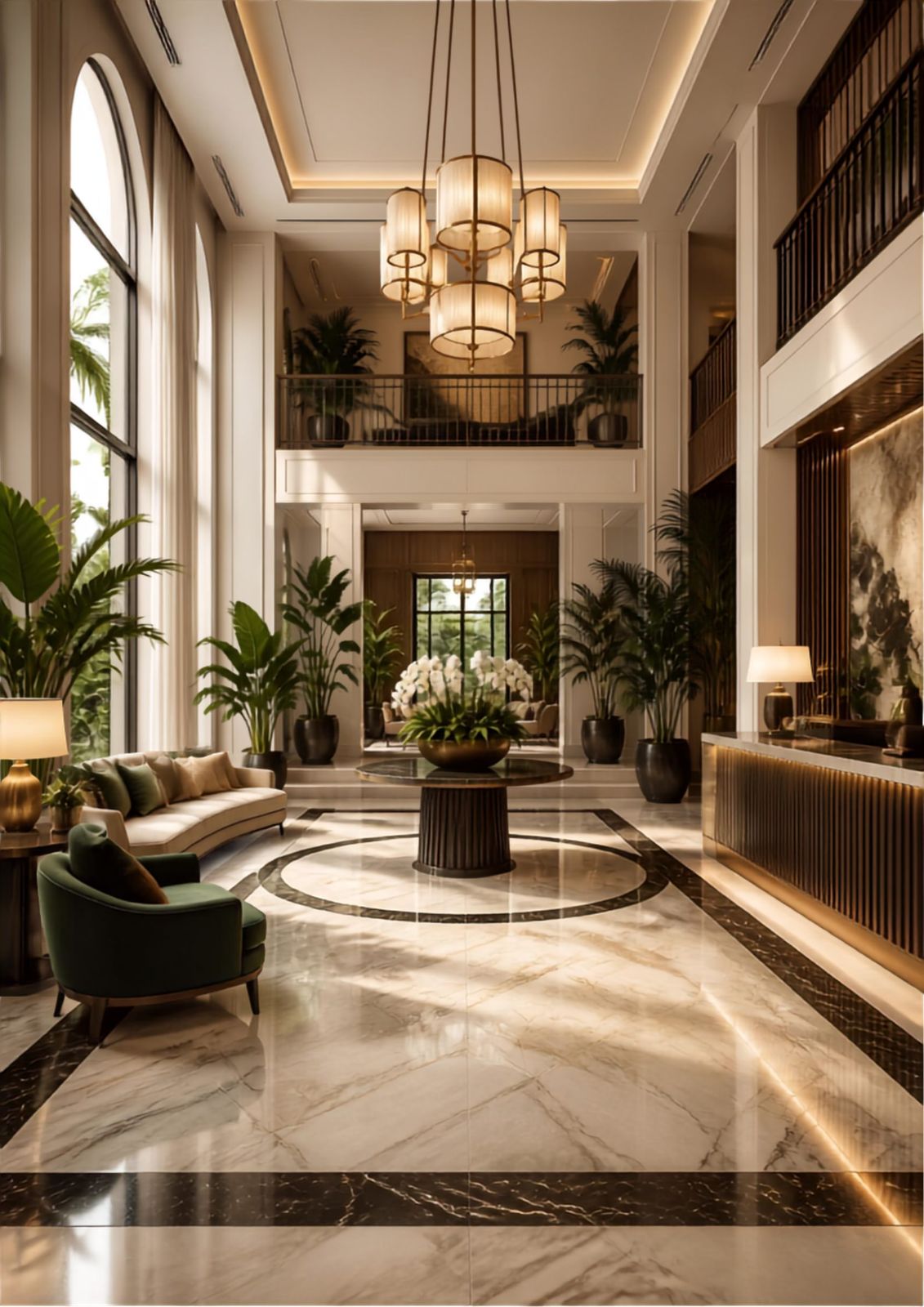 A marble lobby in soft daylight