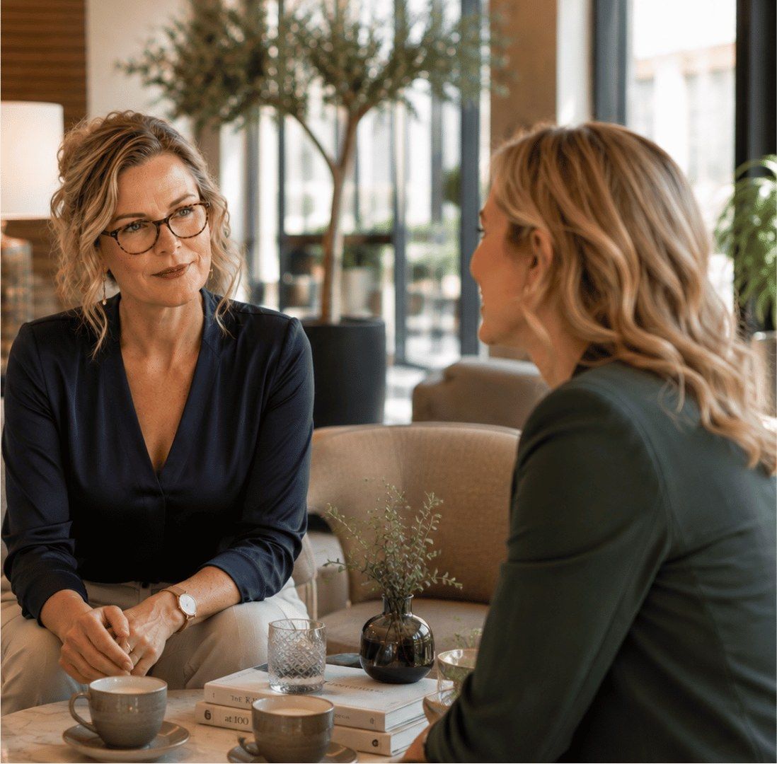 Two women in conversation across a low table in a warm, light-filled lounge