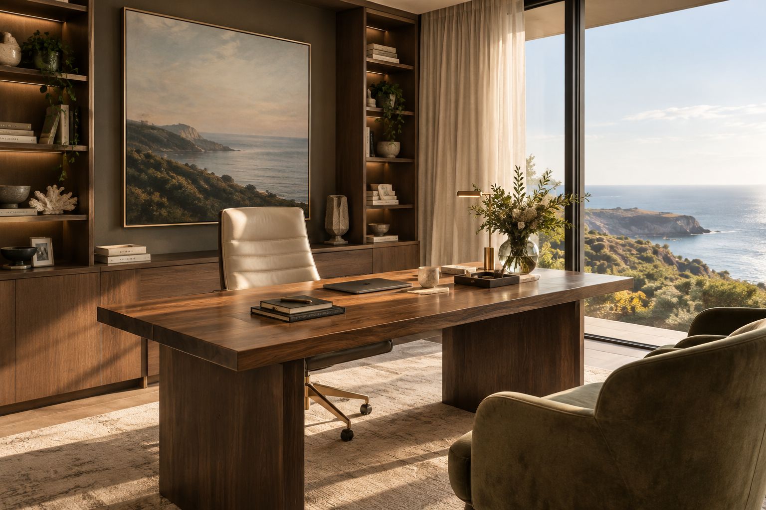 A private office with a timber desk and a coastal view