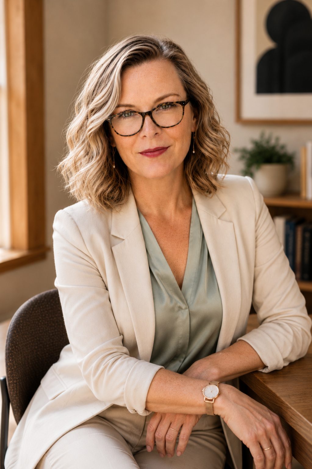 Renae Richardson, contemplative editorial portrait at a desk