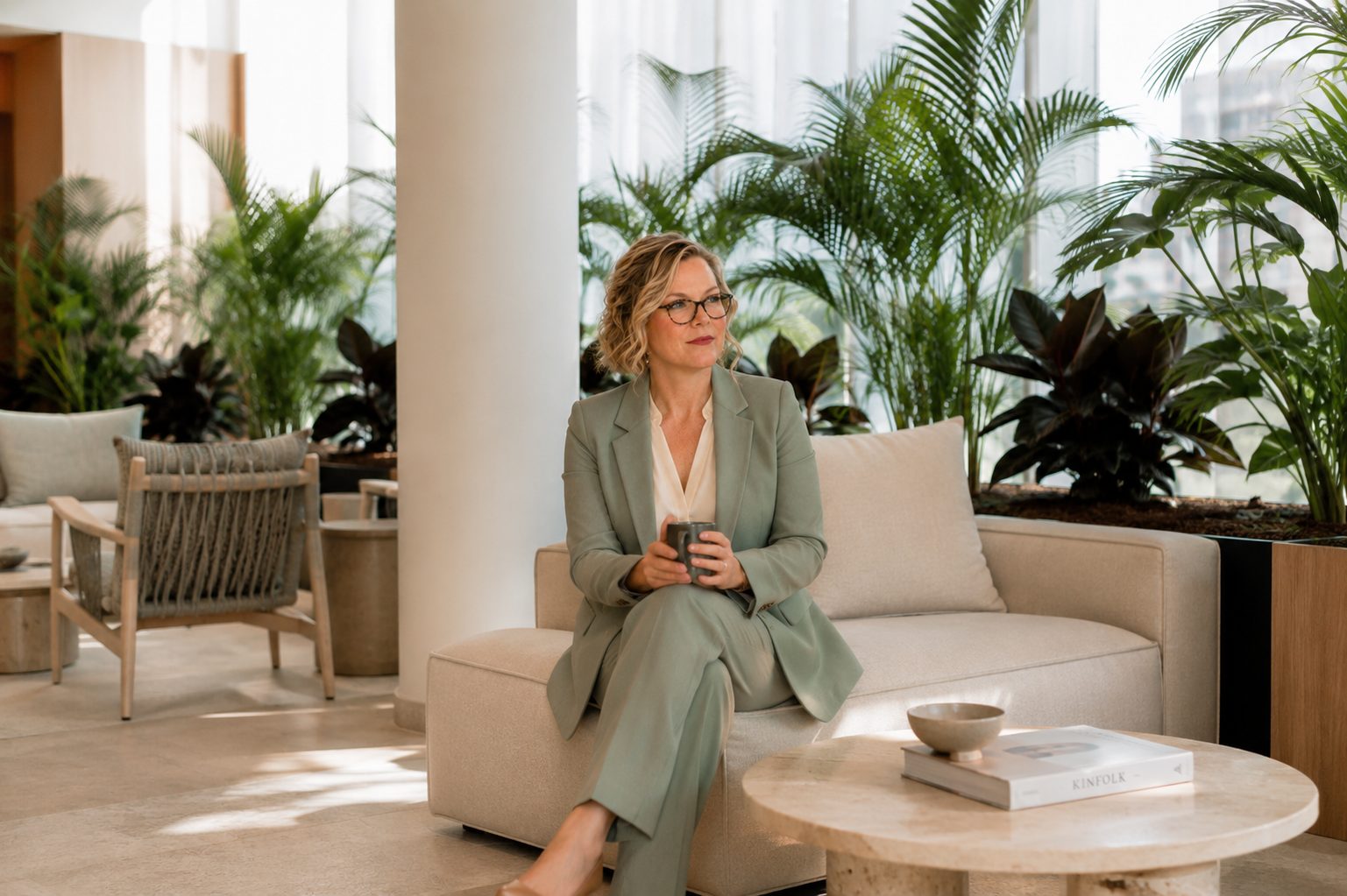 Renae Richardson seated in a light-filled foyer