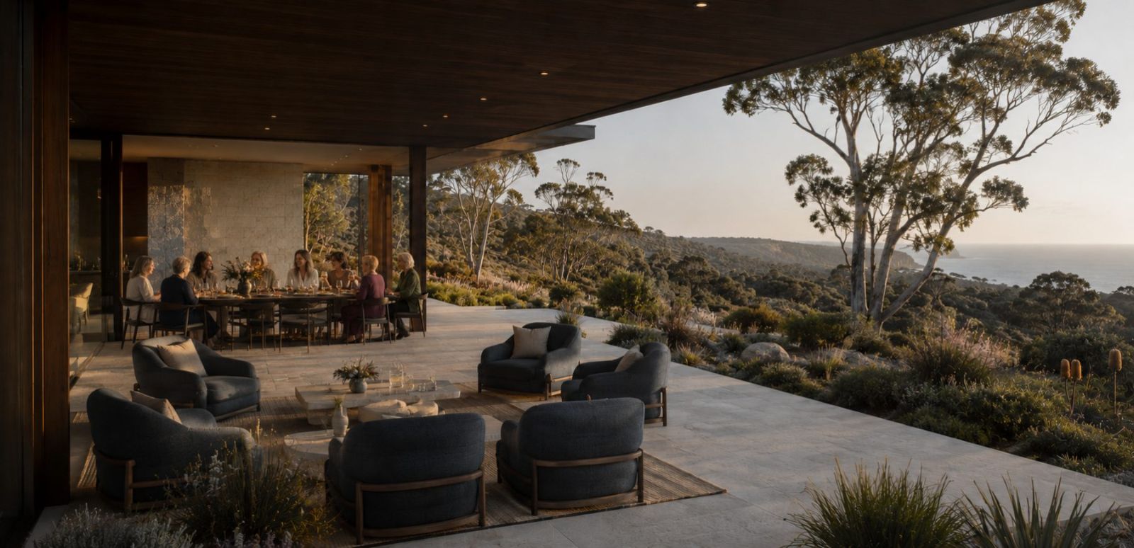 Curated retreat dining terrace at golden hour