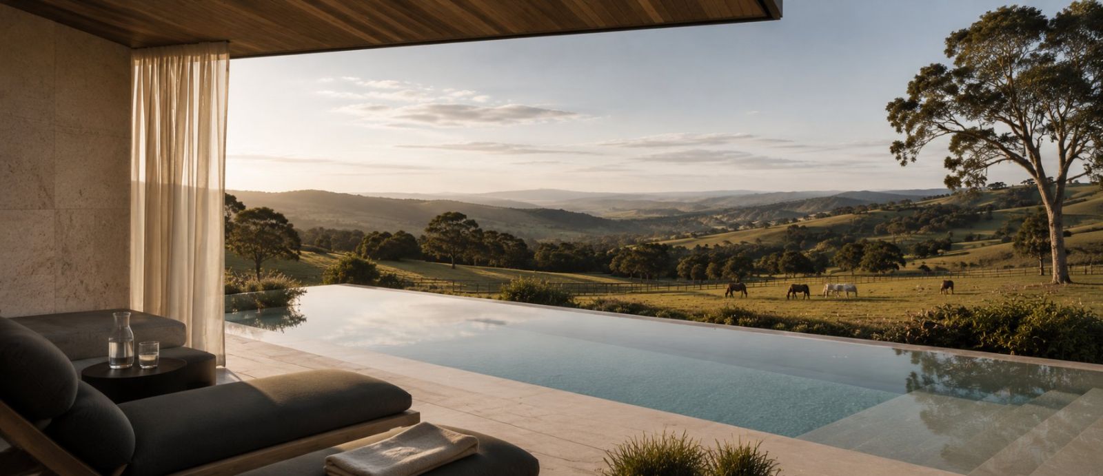 Infinity pool looking out over rolling country at golden hour