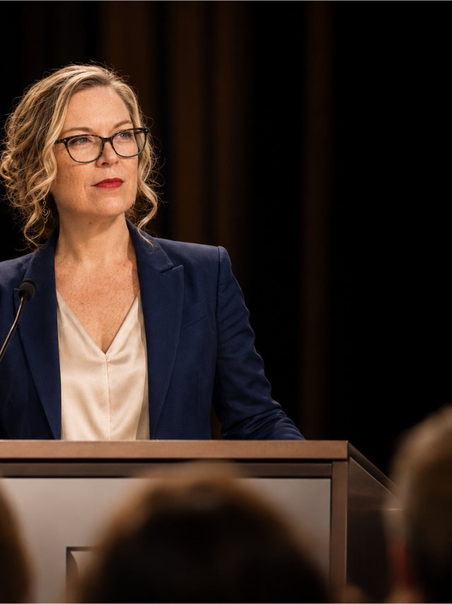 Renae Richardson speaking to an audience from a lectern