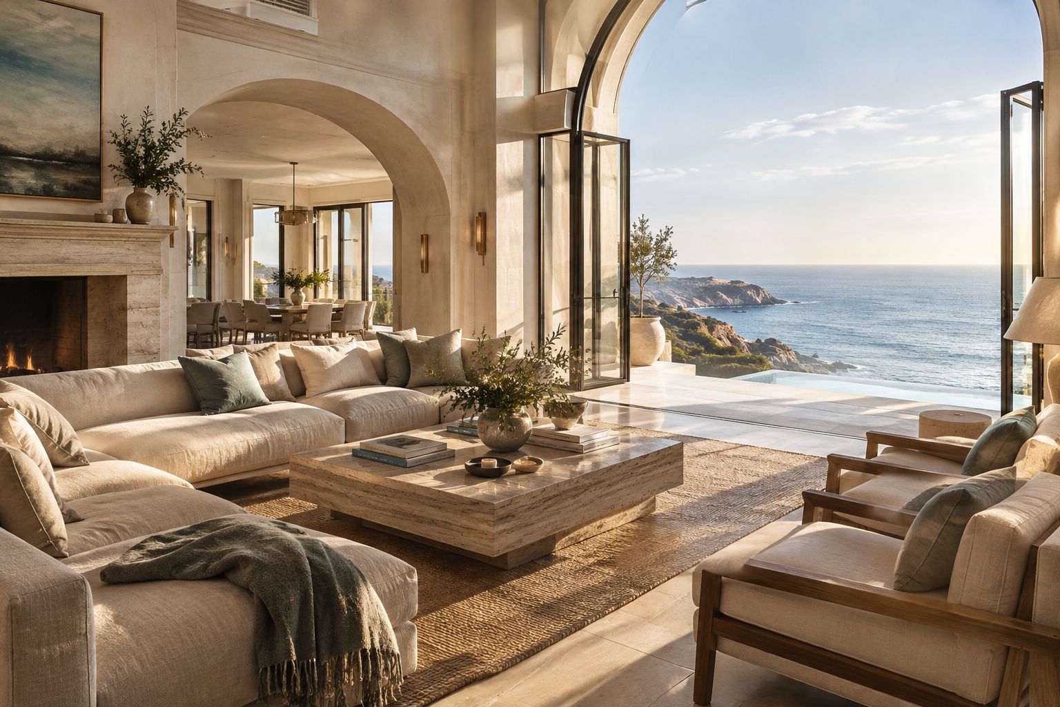 A light-filled living room with arched doors to the sea